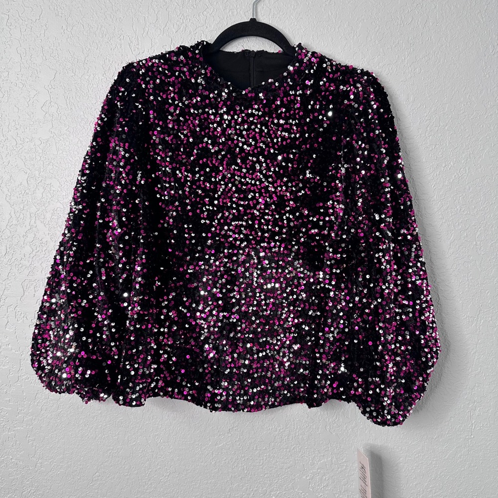 Nanette Lepore Pink Silver Sequin Blouse Black Velvet Top 7W19SE9 XL NWT $88‎